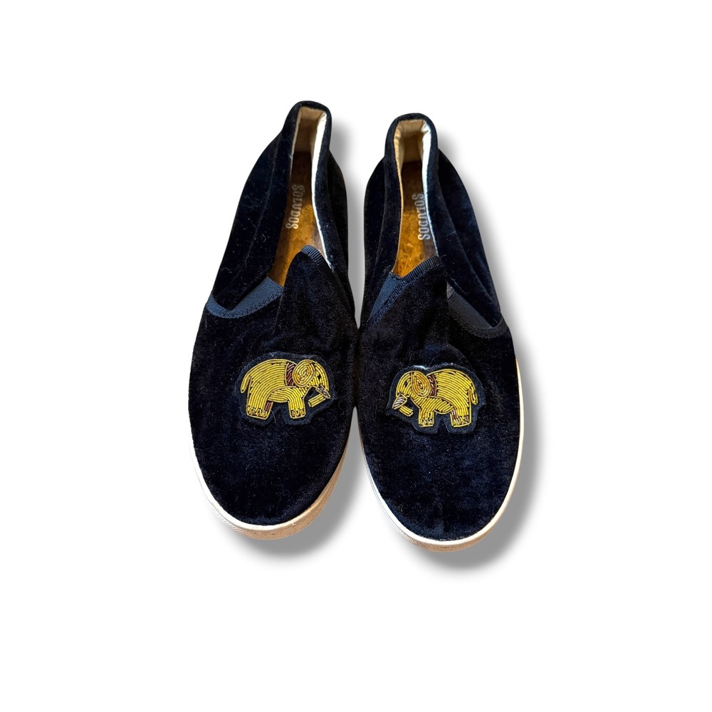 Soludos Velvet Smoking Slippers Women 7.5 Black Beaded Gold Elephant Loafers